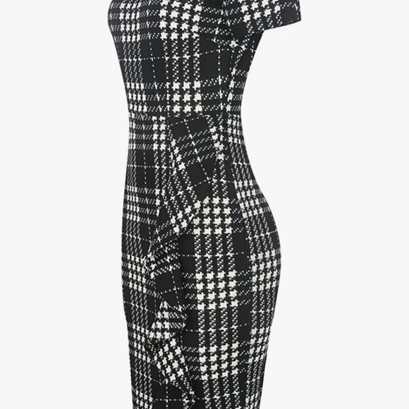 Black & White Plaid Short Sleeve Midi Pencil Skirt Dress - Picture 5 of 5
